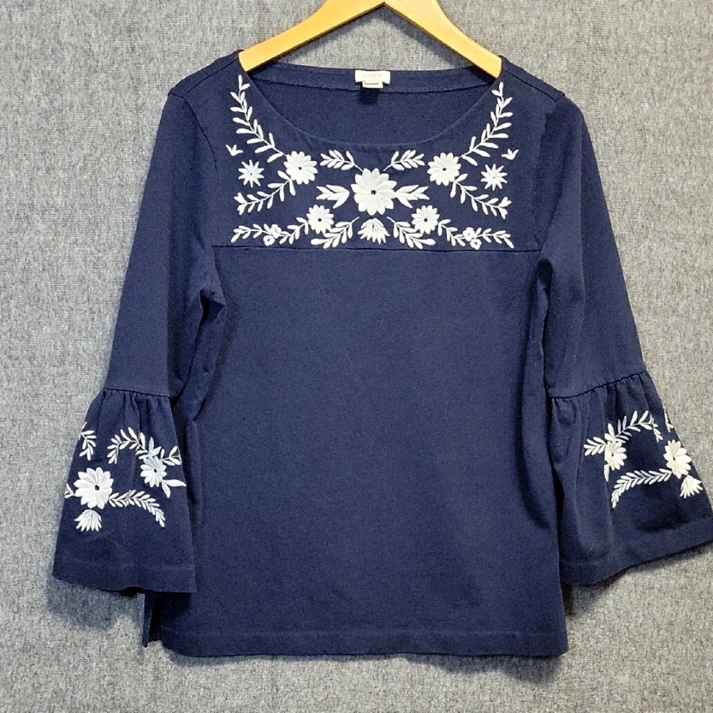 J Crew Factory Embroidered Top Medium  Bell Sleeves Blue